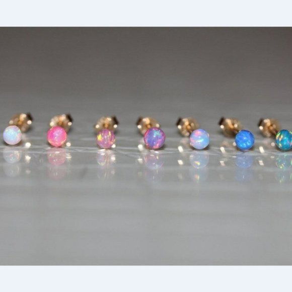14k Solid White Gold Lab Created Synthetic Opal Fiery Pushback Studs Size 6mm - Picture 5 of 5